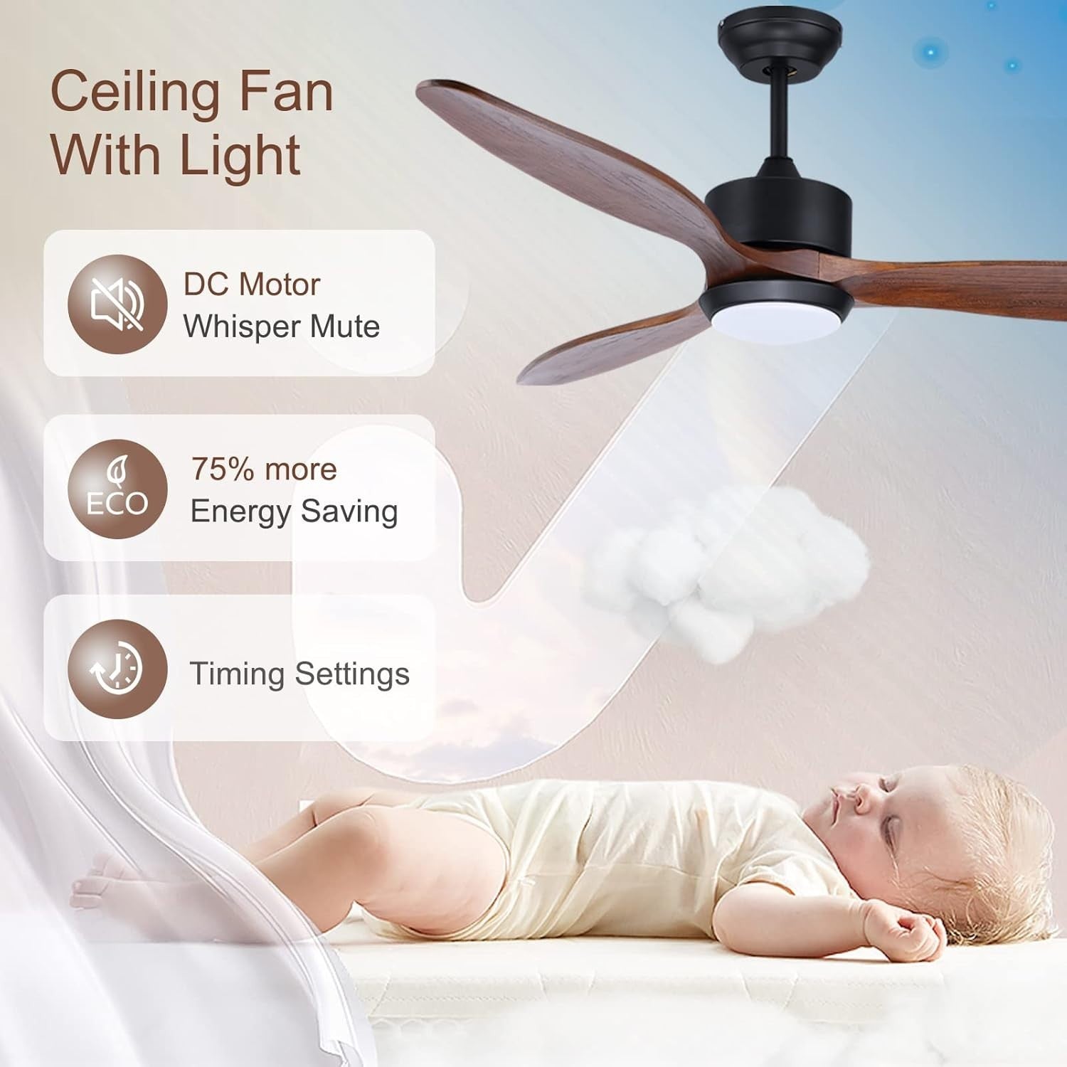 Ovlaim 132cm Wood Ceiling Fan, 3 Blades, LED Light, Quiet DC Motor, Remote