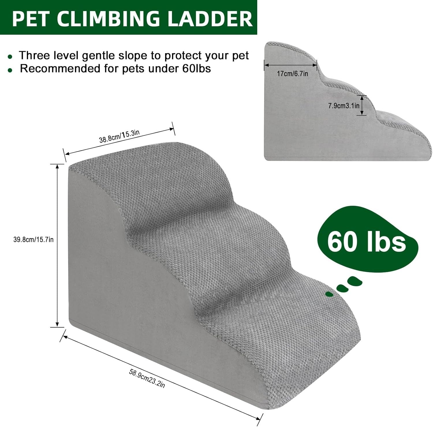 3 Step Dog Stairs Foam Pet Ramp Non Slip Grey 50lbs Capacity