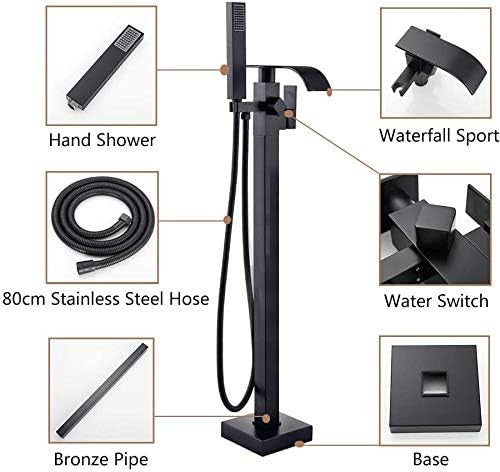Black Freestanding Bath Mixer Tap with Handheld Shower Head Brass Floor Mount