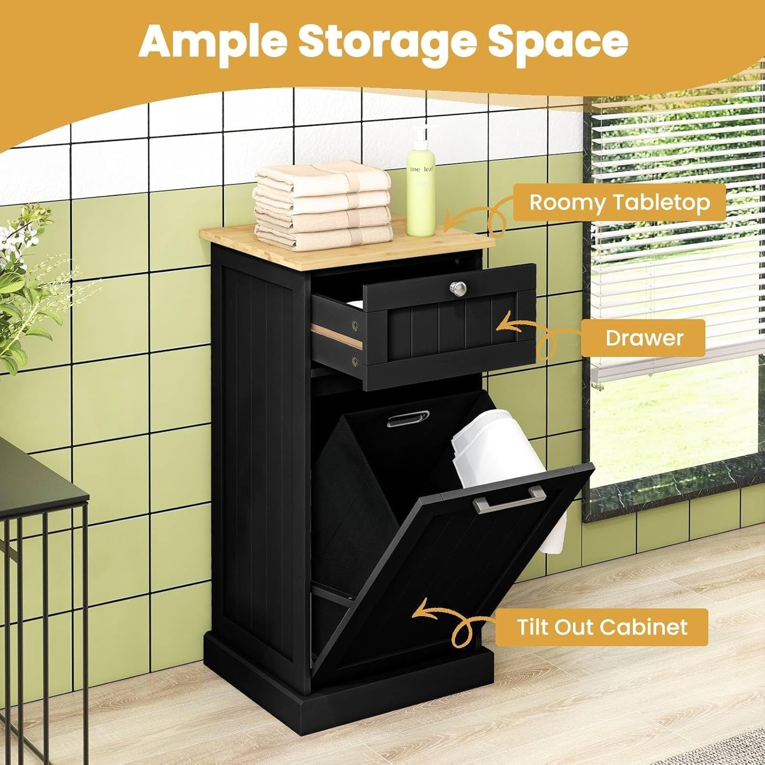 30L Black Tilt-Out Laundry Cabinet With Drawer Bamboo Top Modern Storage