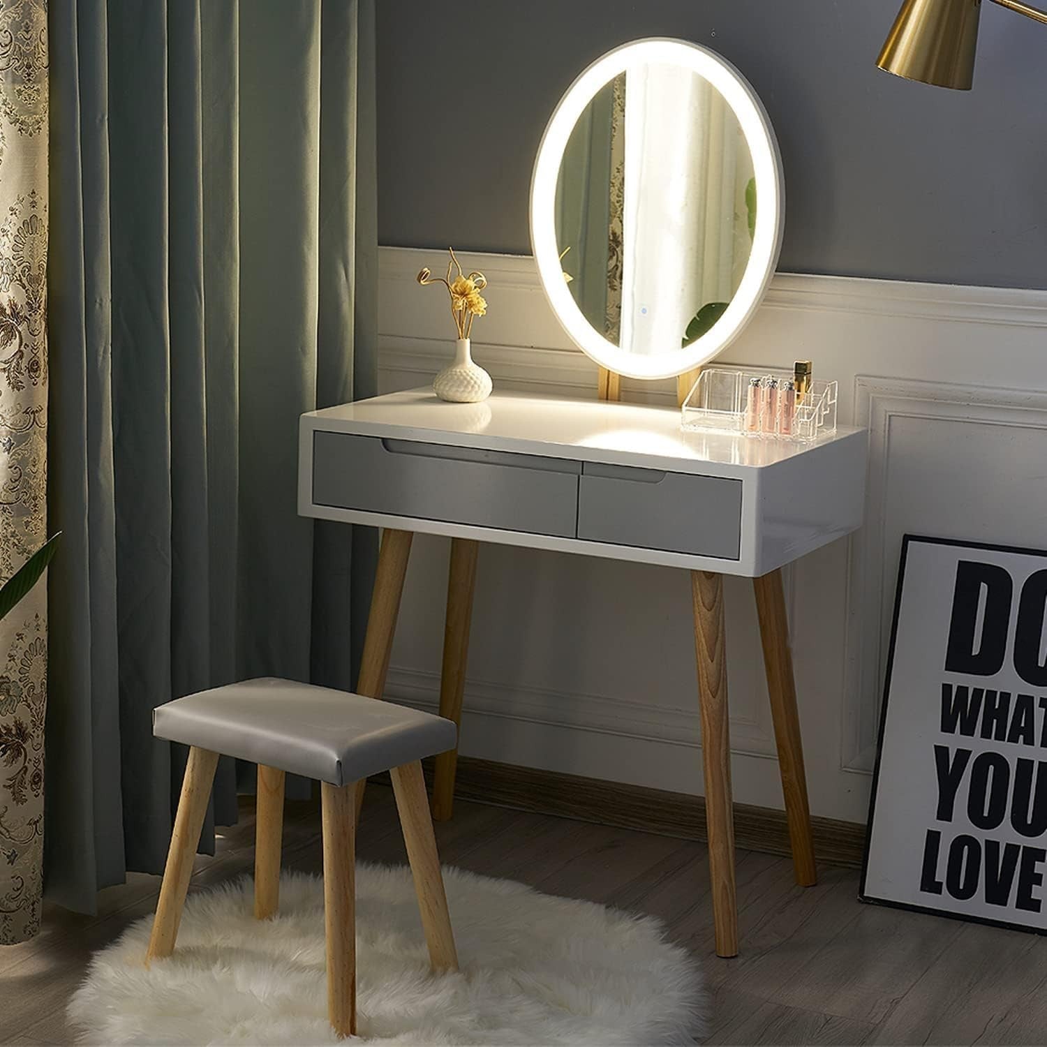 Vanity Makeup Dressing Table Set W/ Lighted Oval Mirror Stool 2 Drawers Storage