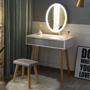 Vanity Makeup Dressing Table Set W/ Lighted Oval Mirror Stool 2 Drawers Storage