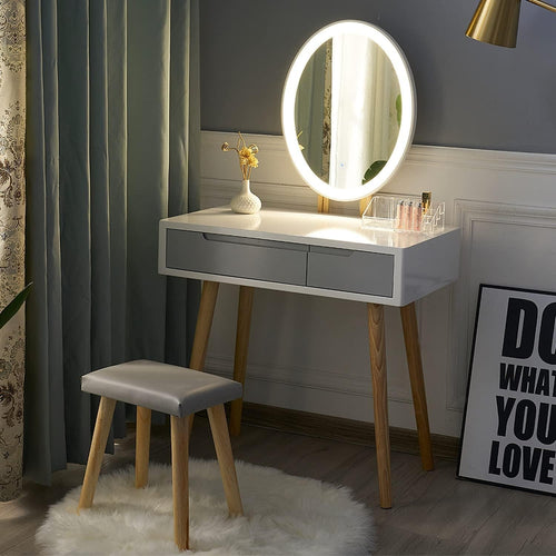 Vanity Makeup Dressing Table Set W/ Lighted Oval Mirror Stool 2 Drawers Storage