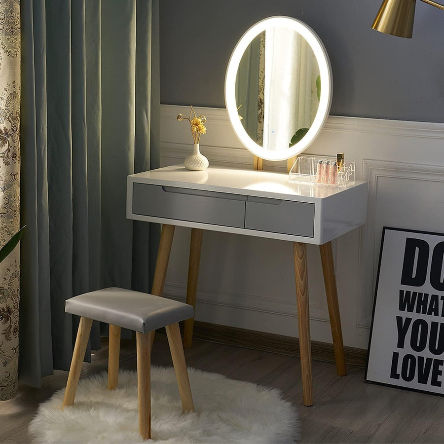 Vanity Makeup Dressing Table Set W/ Lighted Oval Mirror Stool 2 Drawers Storage