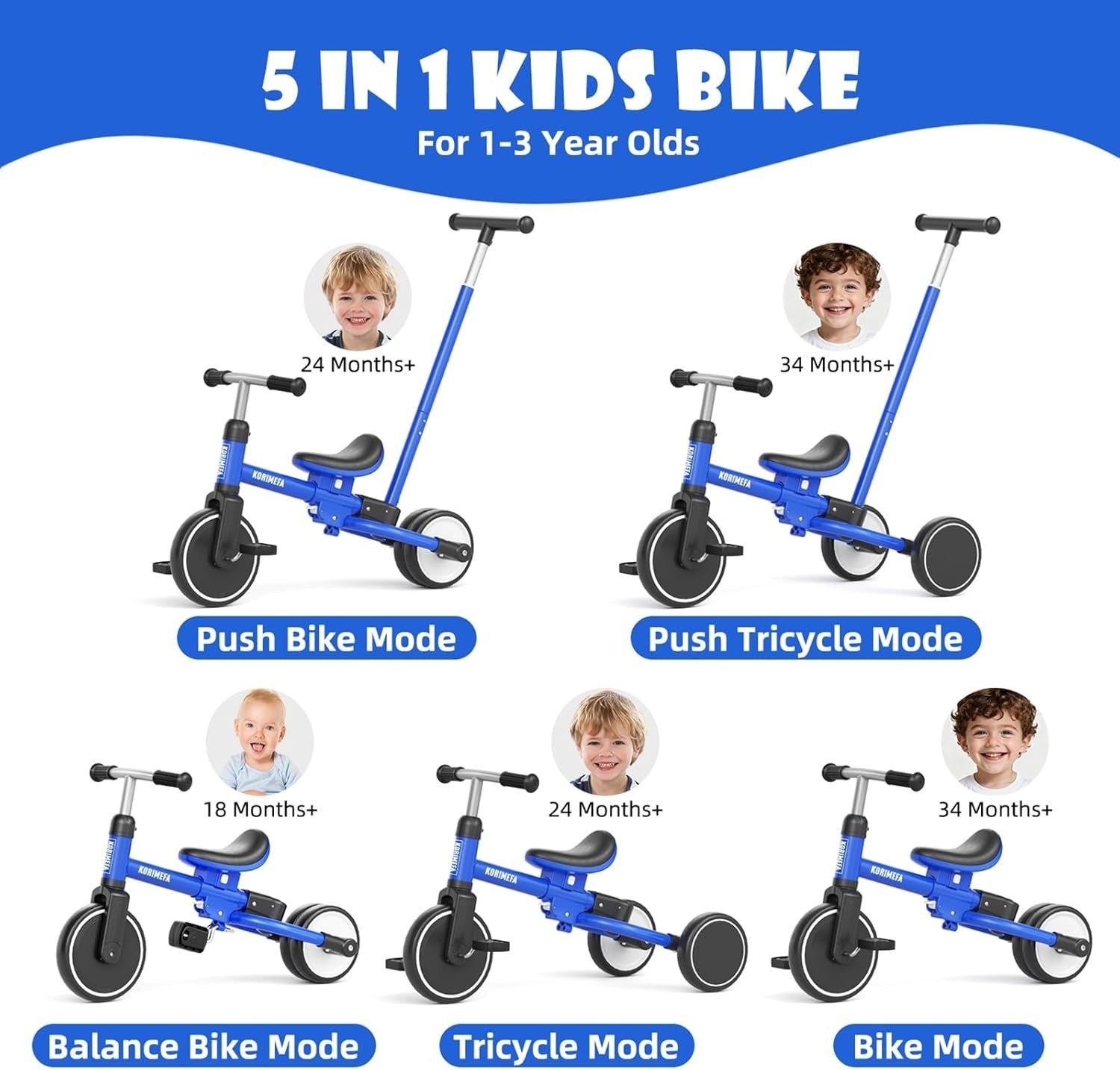 5 In 1 Toddler Tricycle Push Handle Balance Bike Adjustable Seat Blue