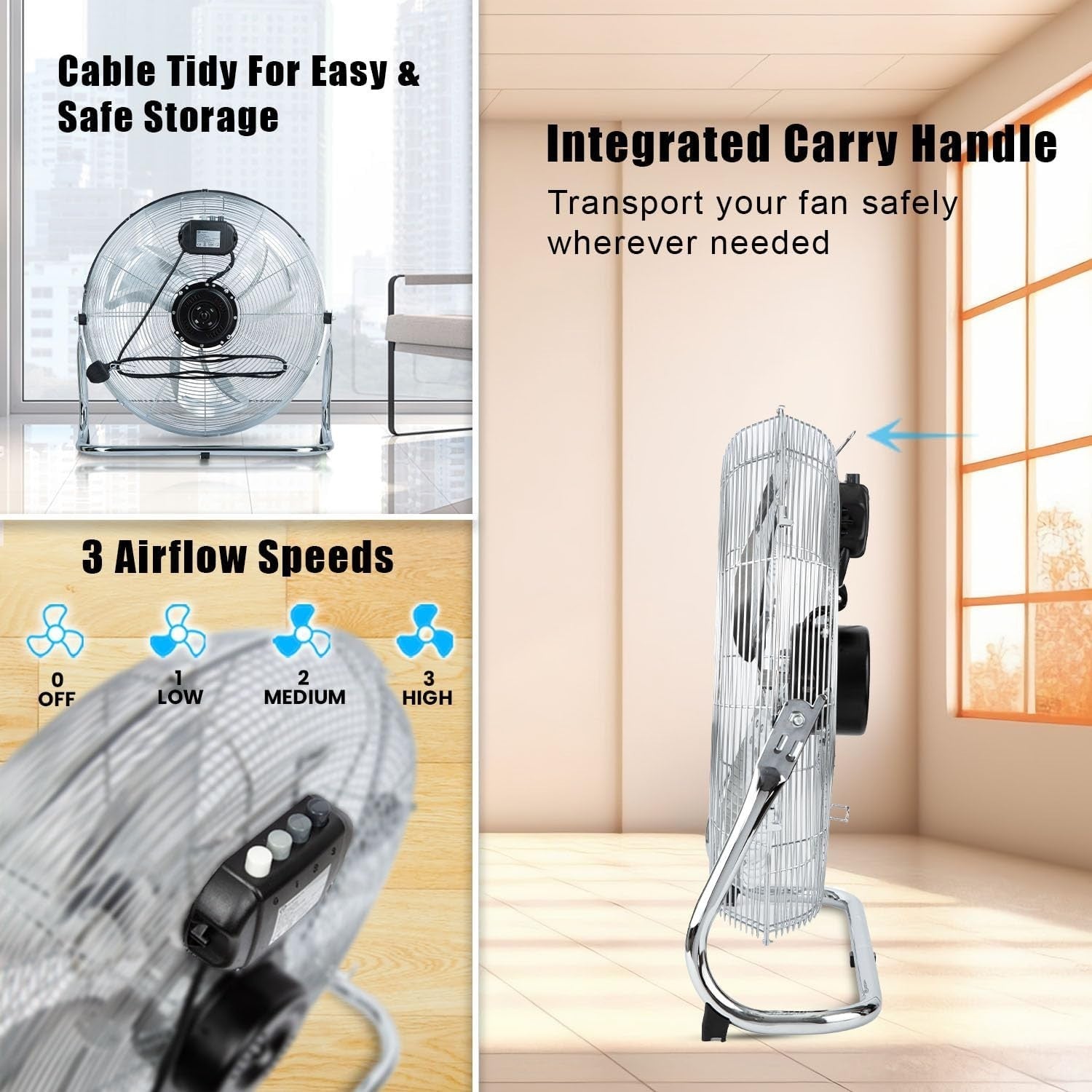 20-Inch Chrome Floor Fan – 3 Speed Adjustable Head High Power Gym Cooling Fan