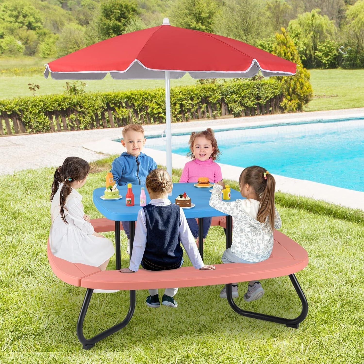 Kids Outdoor Picnic Table Set with Adjustable Umbrella, Seats 8, Red+Blue