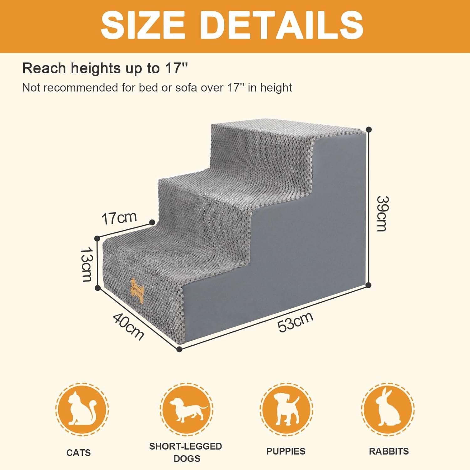 3-Step Dog Stairs Non-Slip Pet Ramp for Small Dogs Cats Grey