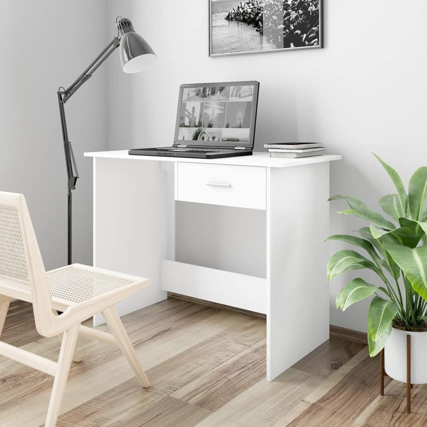 White Adjustable Desk with Drawer 100x50x76cm Modern Engineered Wood Table