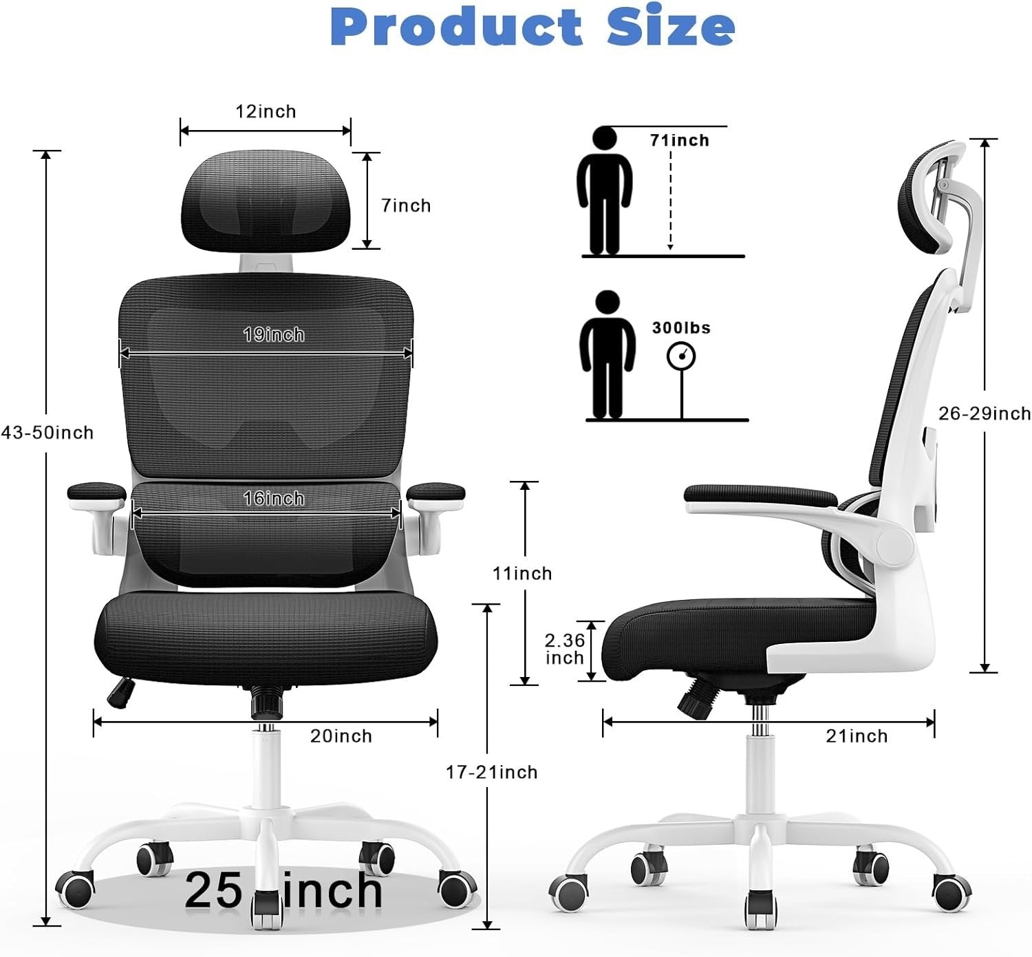 Ergonomic Mesh Office Chair Tall Back Adjustable Headrest Armrests Swivel Home D