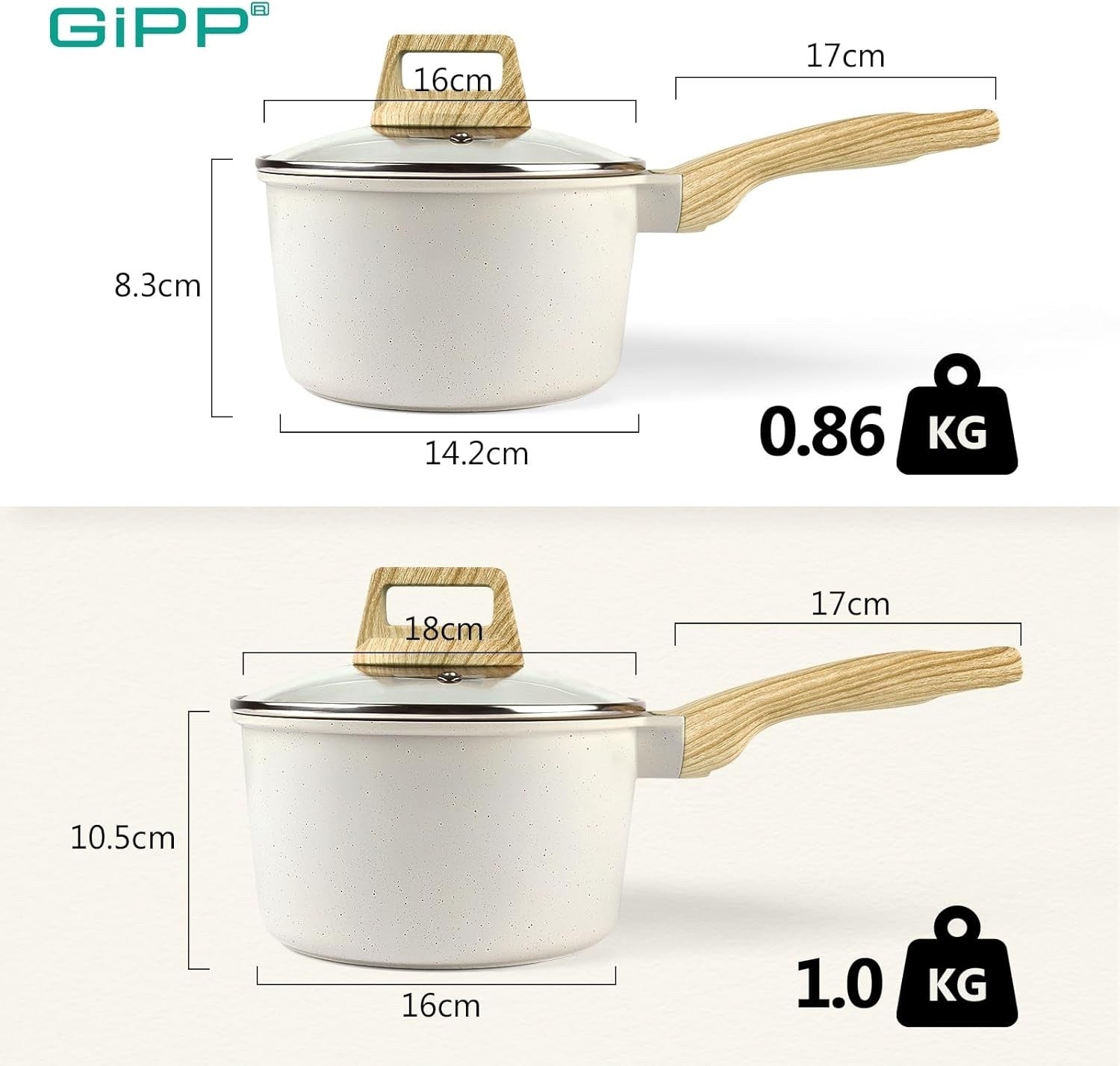 2Pcs White Non Stick Saucepan Set with Lids 1.5L 2.5L White Granite Cooking Pots
