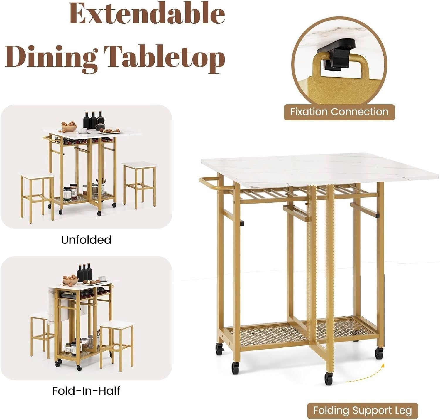 3-Piece Folding Dining Table & Stools Set White Golden with Wine Rack