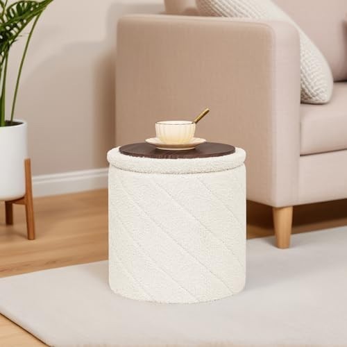White Round Storage Ottoman Footstool 3-in-1 Seat with Lid 33x33x35cm
