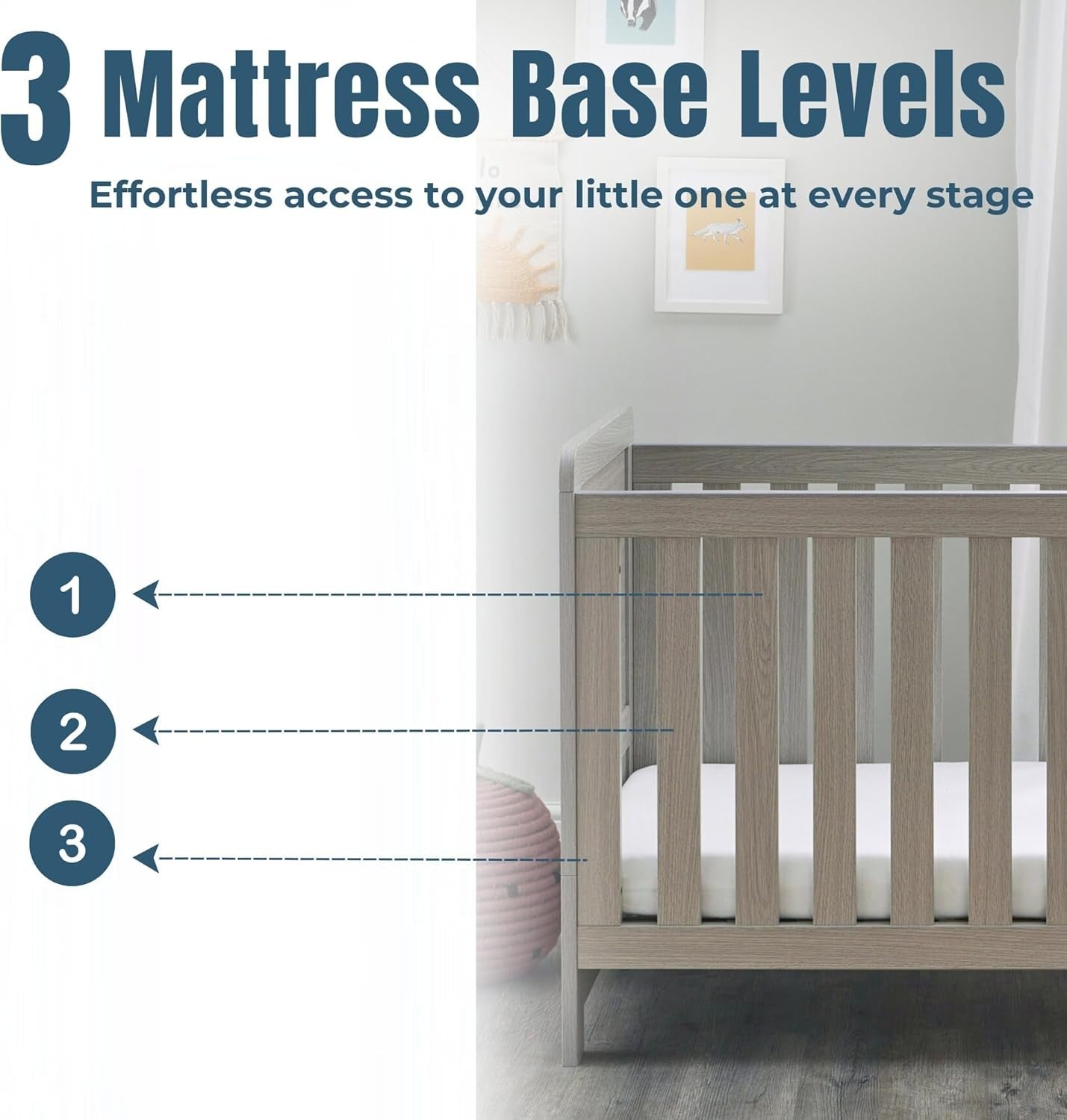 Convertible Baby Cot Bed Toddler Bed Adjustable Height w/ Teething Rails Grey