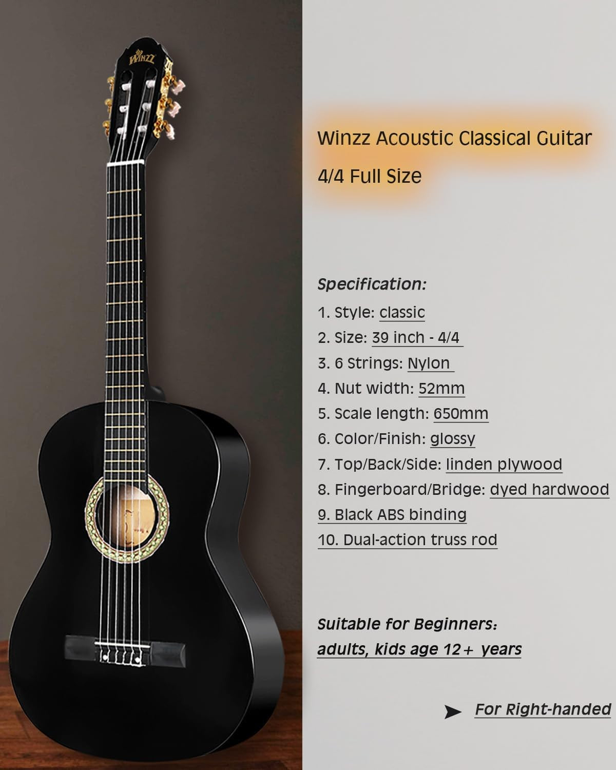 39in 4/4 Classical Guitar Nylon String Black Starter Kit