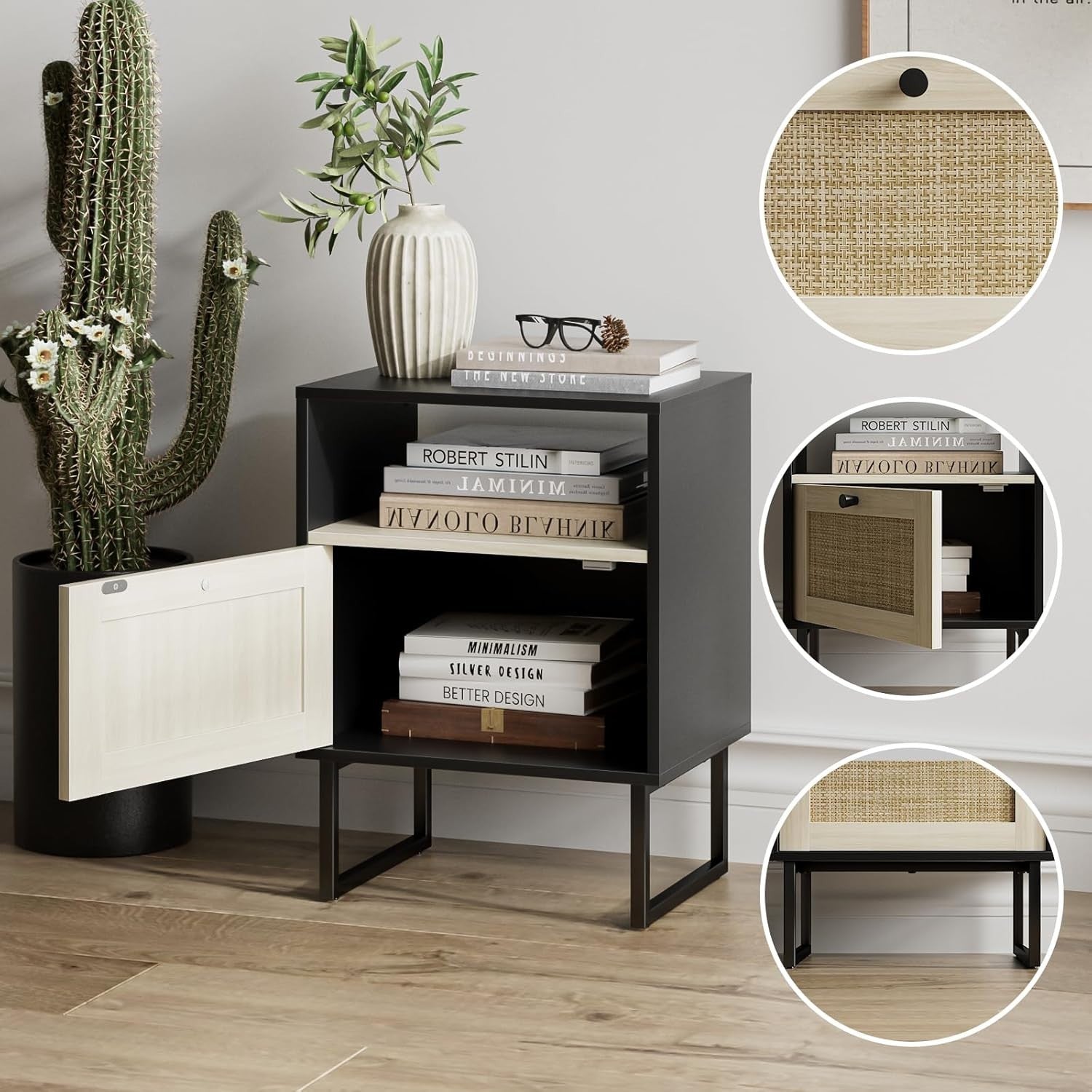 Boho Rattan Bedside Table Black Oak Nightstand with Drawer & Shelf