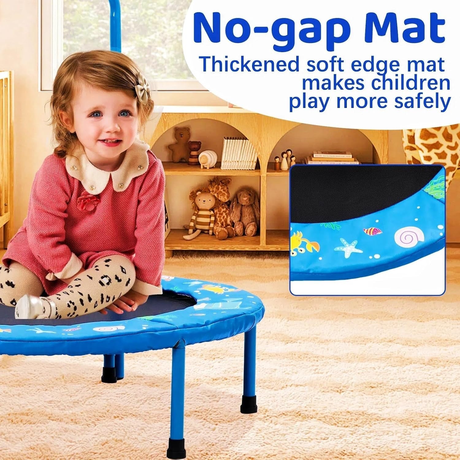 36'' Kids Mini Trampoline Adjustable Handle Foldable Quiet Indoor Outdoor