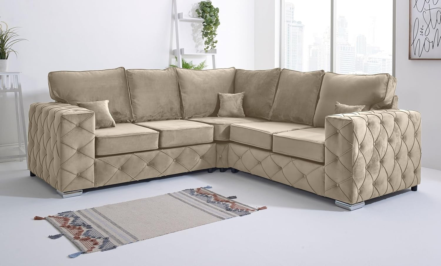 Luxury Cream Plush Velvet Corner Sofa L-Shaped 5 Seater Foam Cushions