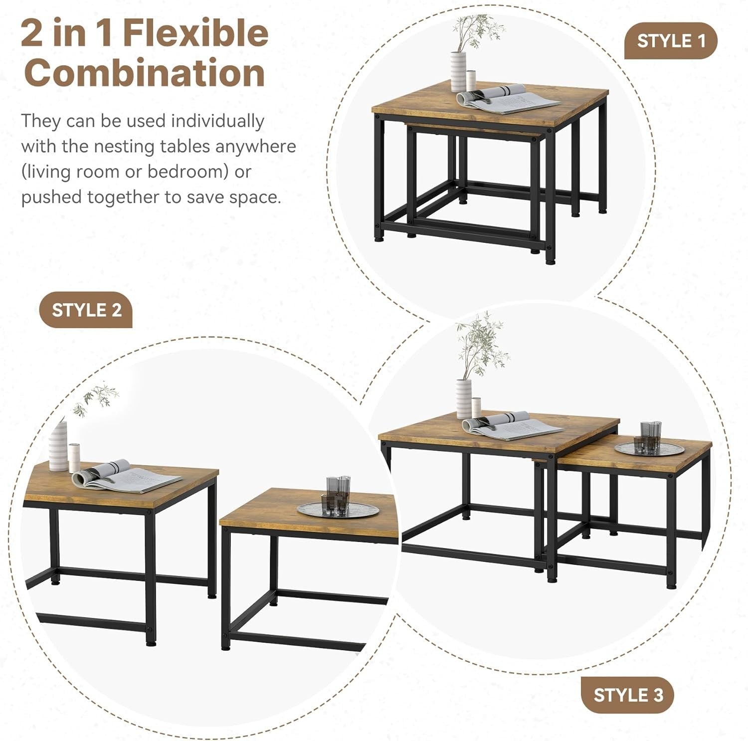 Modern Nesting Coffee Table Set 2 Round Black Metal Frame Wood Brown Square