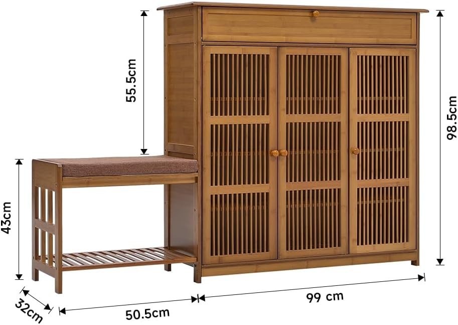 Brown Shoe Storage Cabinet with Seat & Drawer – 4-Tier Hallway Bench 99cm