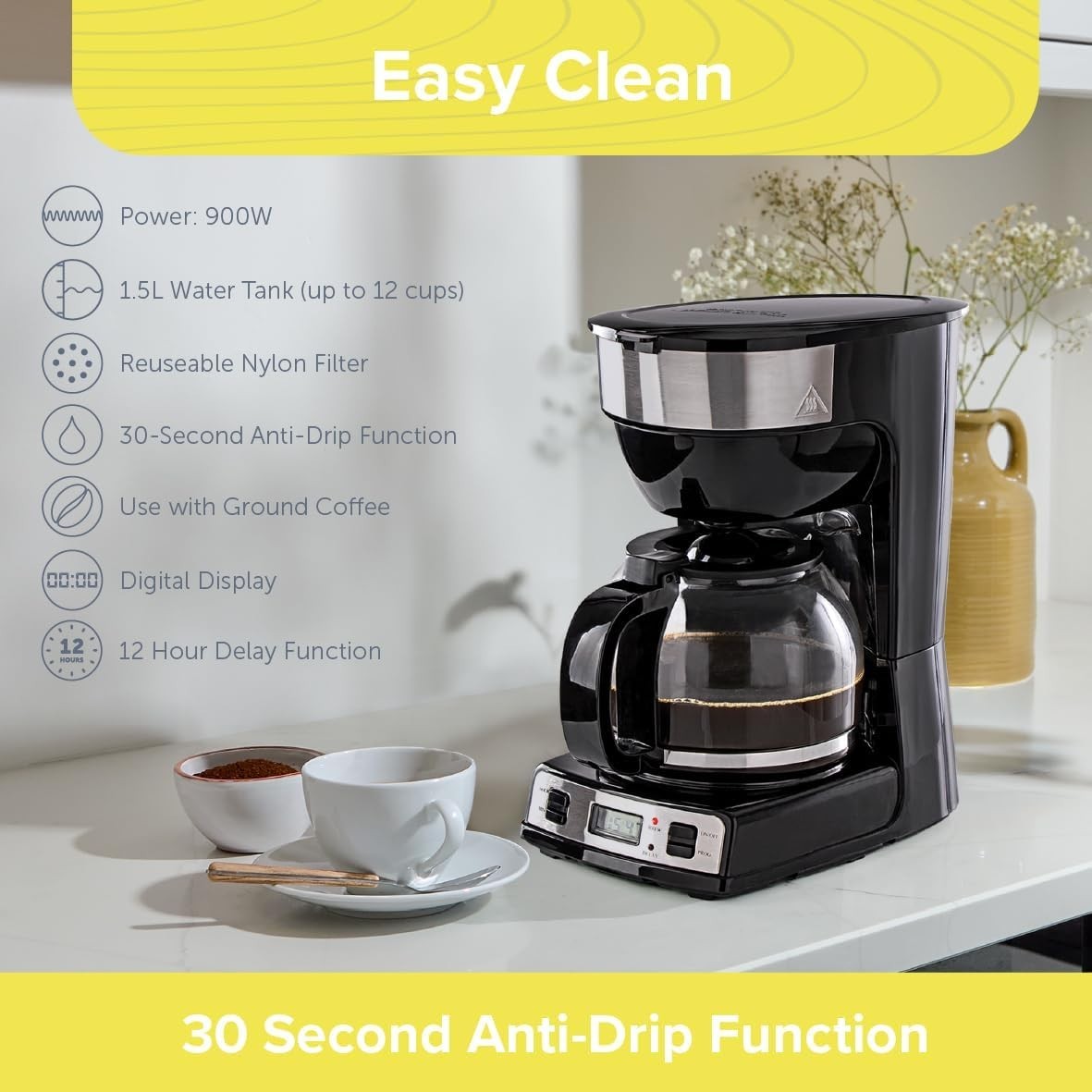 Digital Filter Coffee Machine 1.5L 12 Cup Timer Keep-Warm Anti-Drip 900W