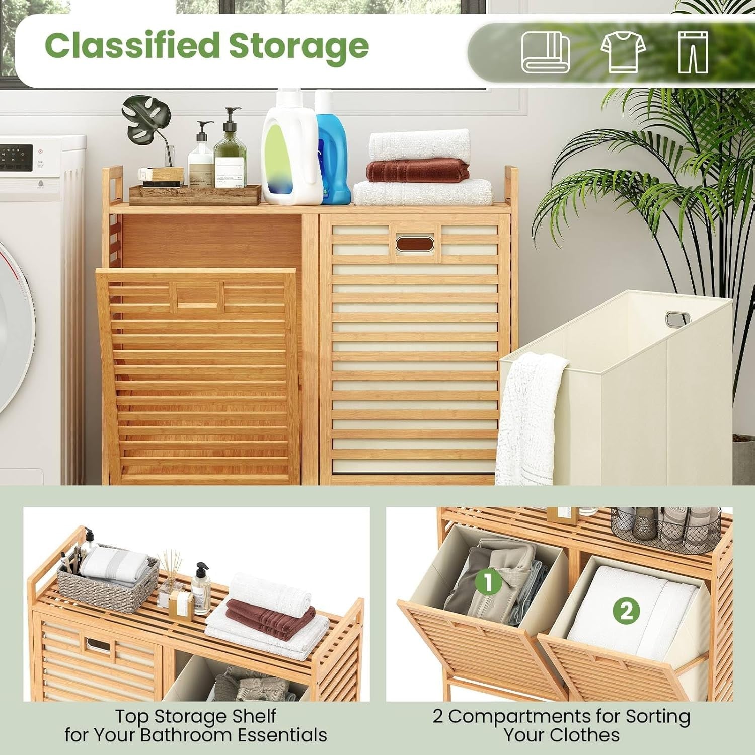 75L Bamboo Laundry Hamper Tilt-Out 2 Bin Storage Unit with Shelf Natural Wood