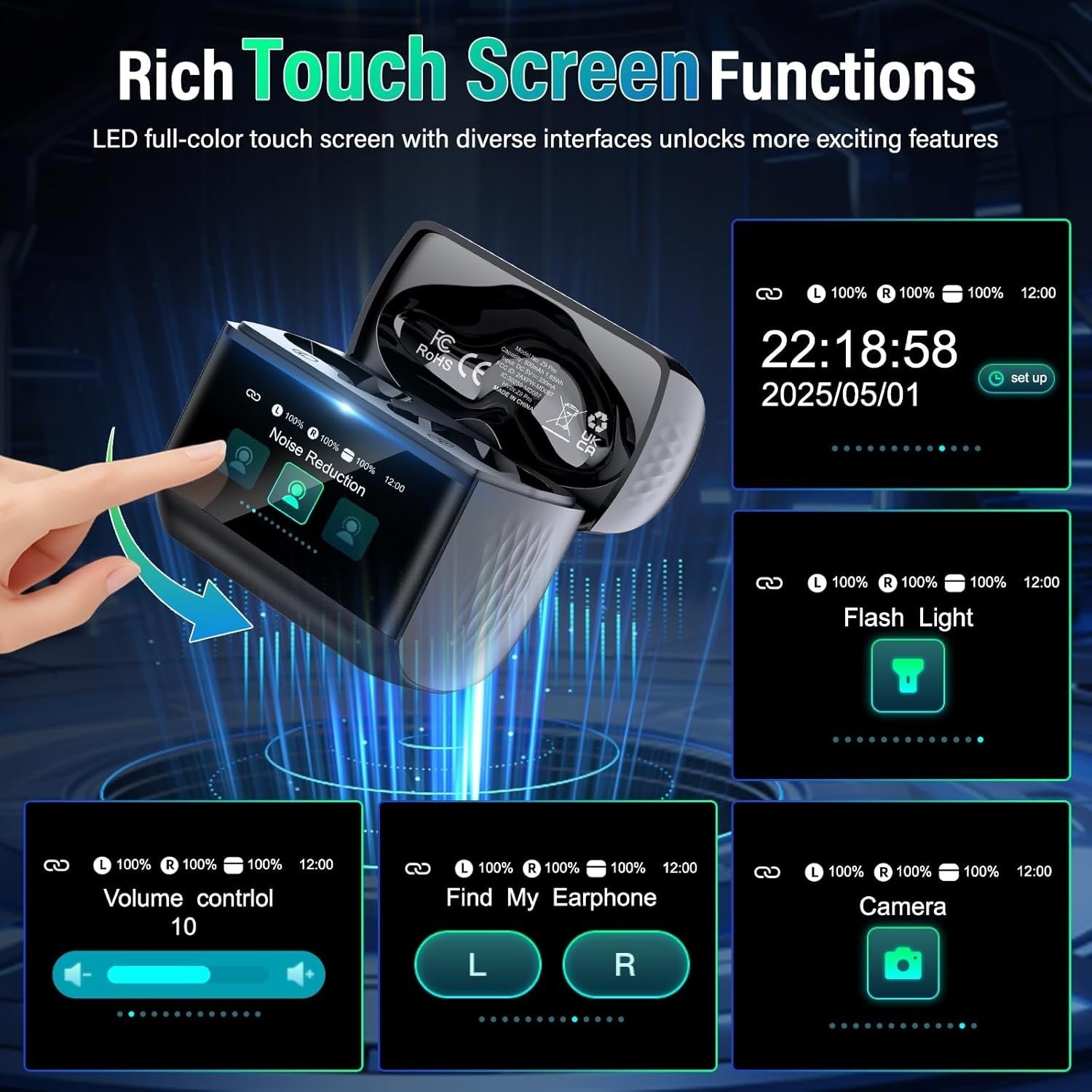 Bluetooth 5.4 Earbuds Touchscreen ANC ENC HiFi Wireless Headphones 48H