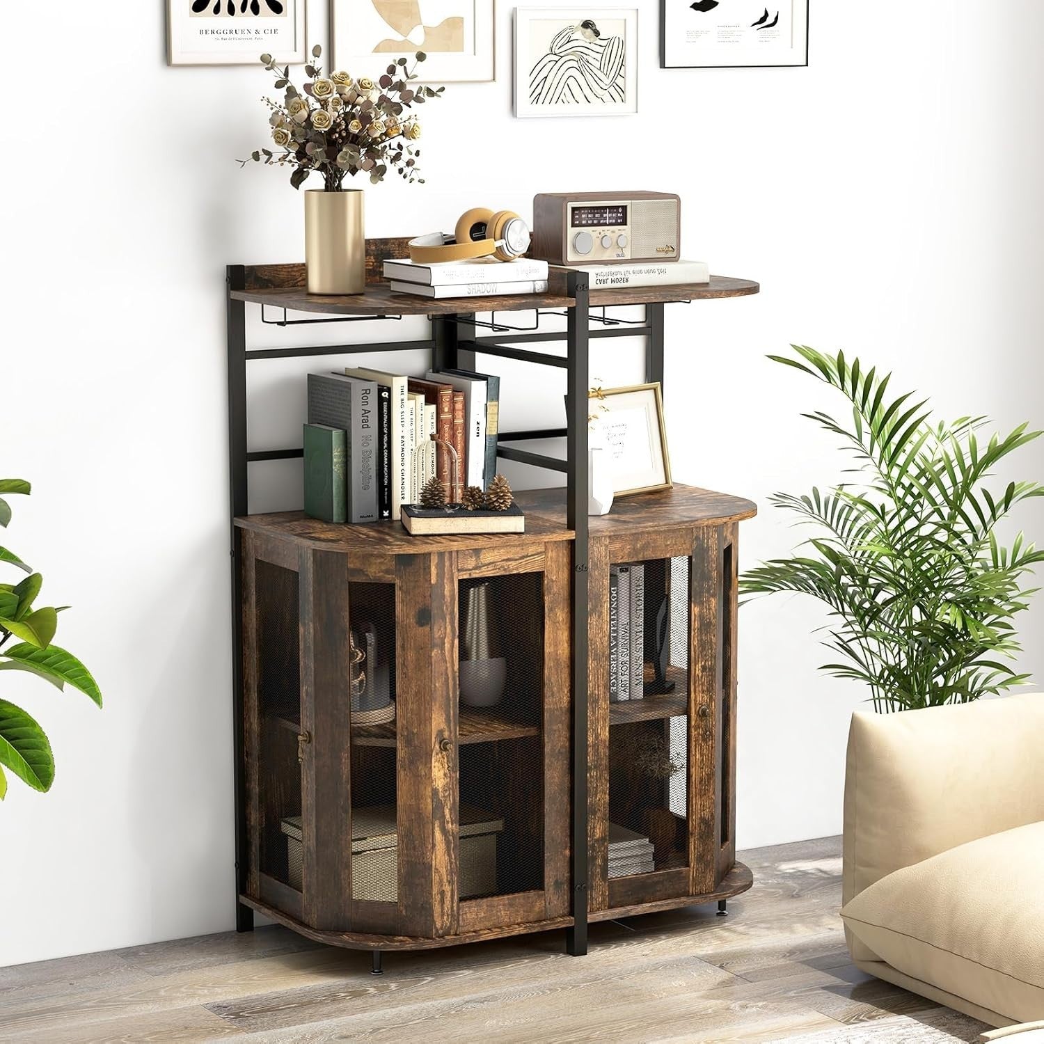 Corner Bar Cabinet Rustic Wine Storage with Glass Holder Mesh Doors