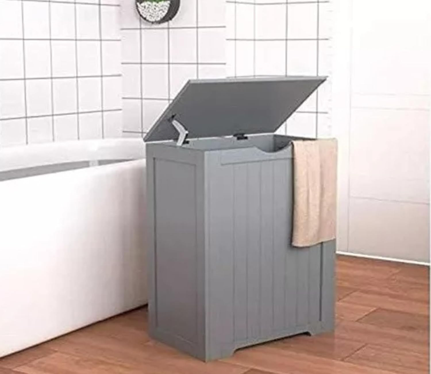 Laundry Hamper Cabinet Wooden Storage Chest with Lid Grey Bathroom Unit