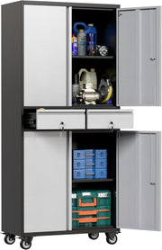 Lockable Metal Garage Cabinet with 2 Drawers, Adjustable Shelves & Wheels