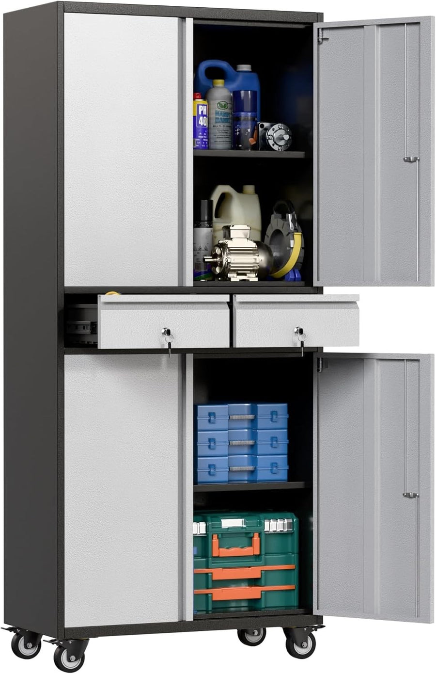 Lockable Metal Garage Cabinet with 2 Drawers, Adjustable Shelves & Wheels