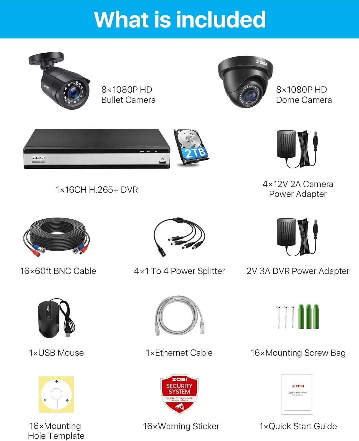 1080P CCTV Security Camera System 16CH DVR 2TB HDD 16 Cameras AI Alert
