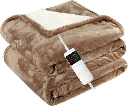 Electric Heated Throw Blanket Khaki 130x160cm Sherpa Fleece Auto Shut Off