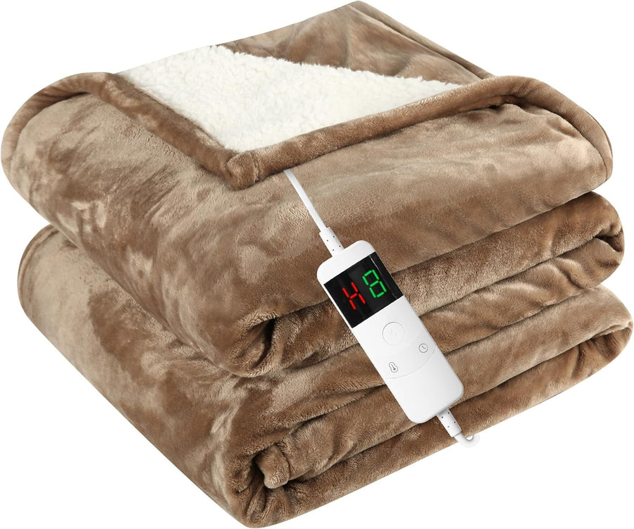 Electric Heated Throw Blanket Khaki 130x160cm Sherpa Fleece Auto Shut Off