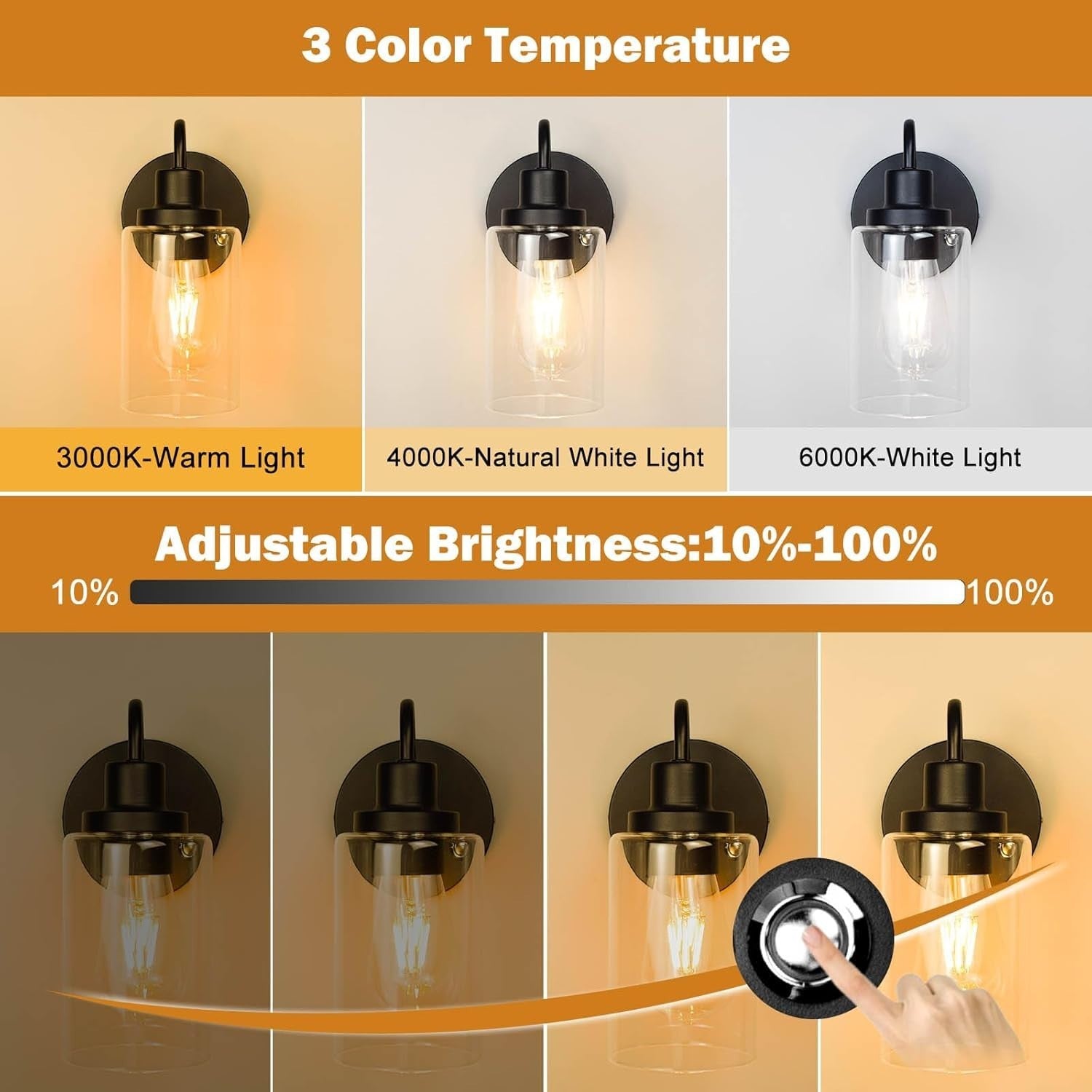 Wireless Rechargeable Wall Sconces 2-Pack, Dimmable 3 Colors, Remote