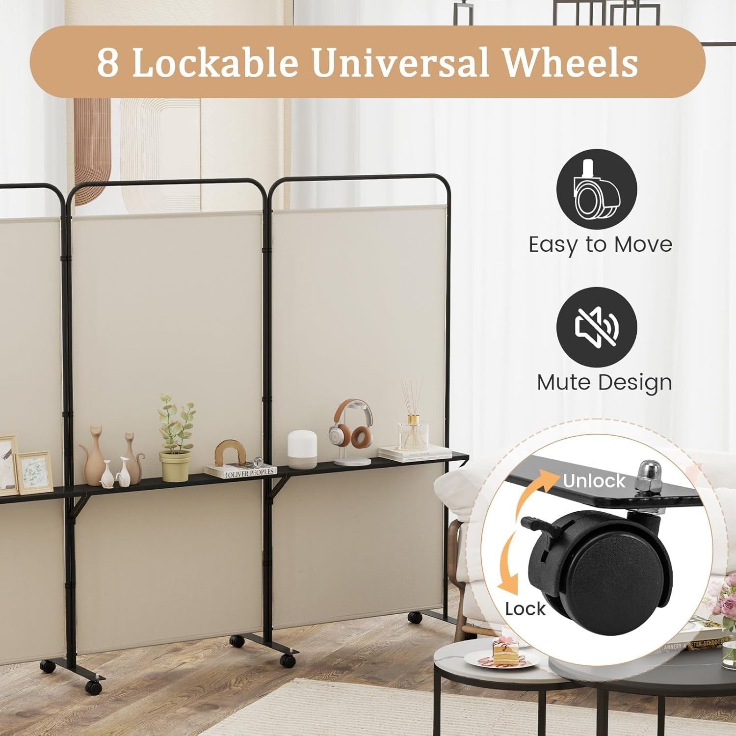 3 Panel White Folding Room Divider with Shelves & Wheels Privacy Screen 188cm