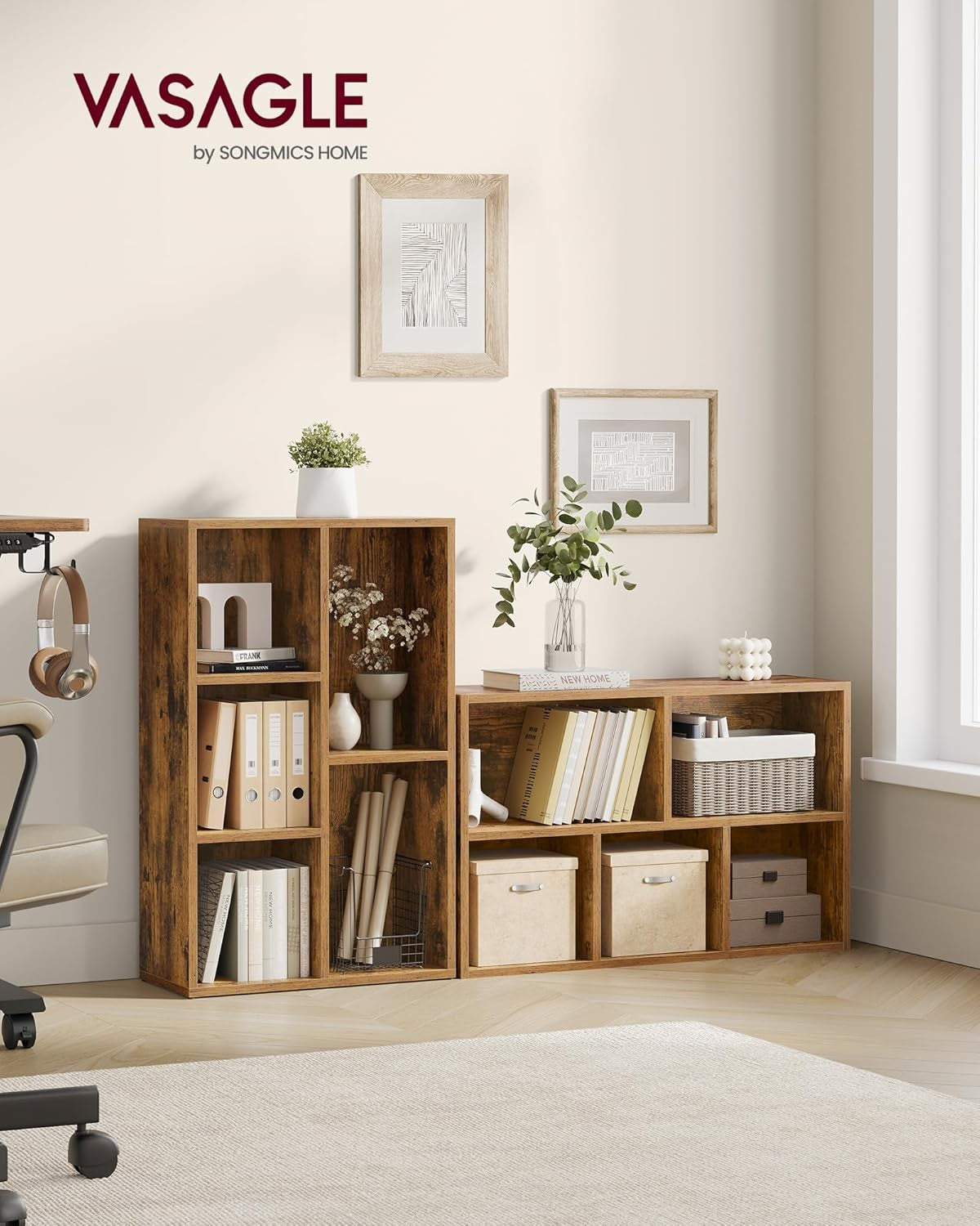 5-Compartment Rustic Bookshelf | Modern Cube Storage Shelf for Home Office