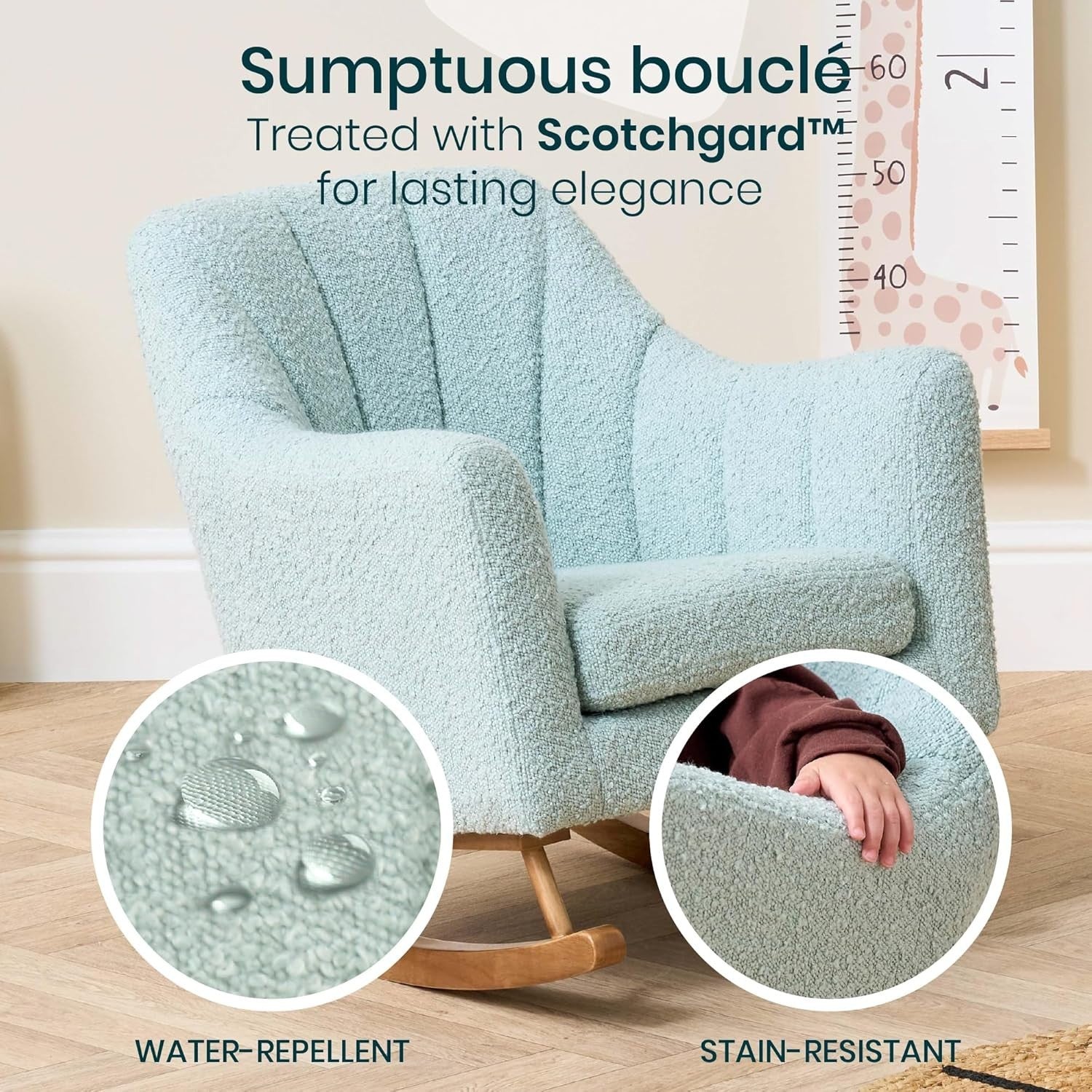 Toddler Rocking Chair Soft Bouclé Fabric, Rubberwood Bars, Easy Assembly