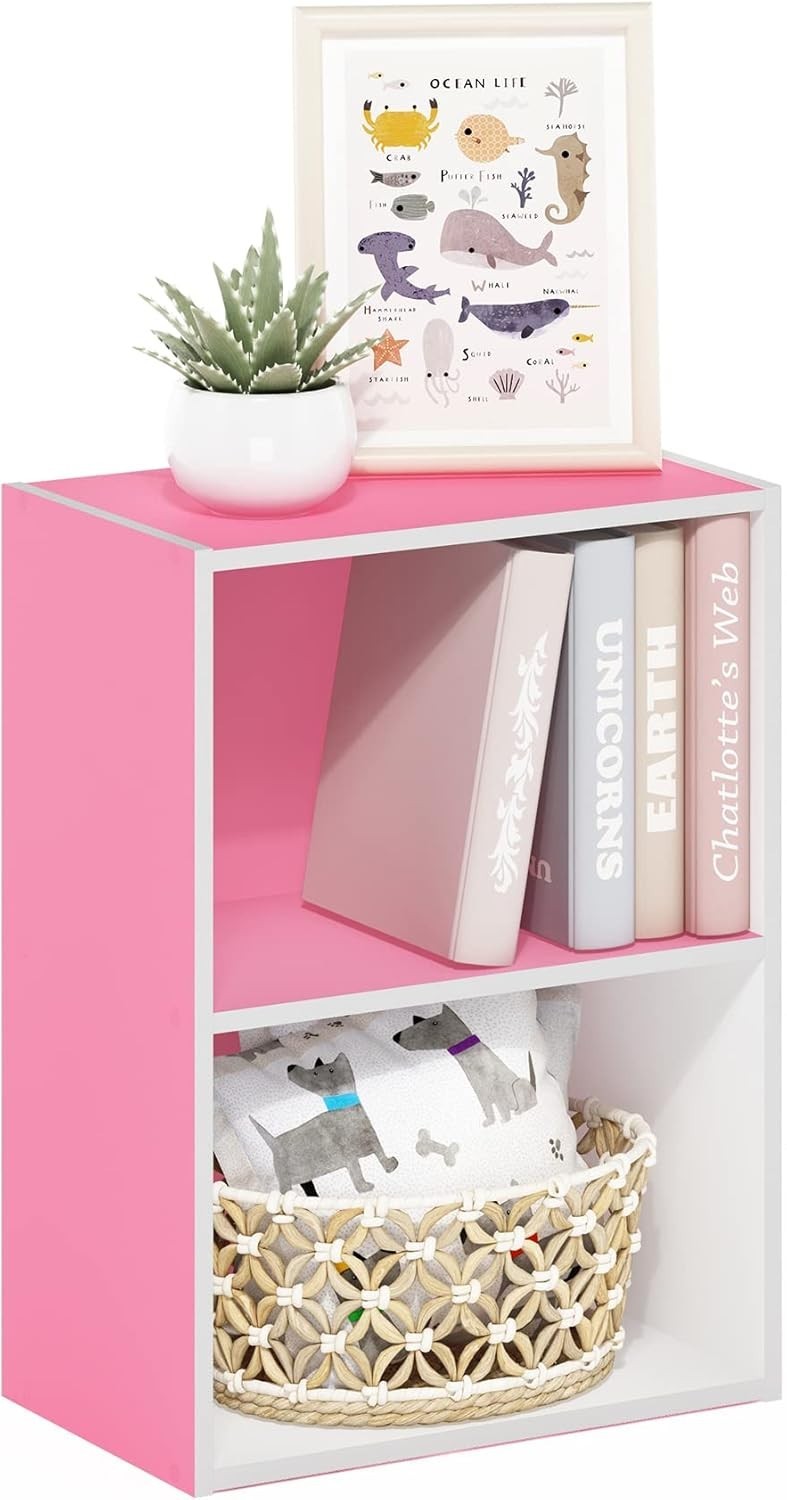 2 Tier Pink Wooden Bookcase Small Storage Shelf Compact Organizer 39x24x54cm