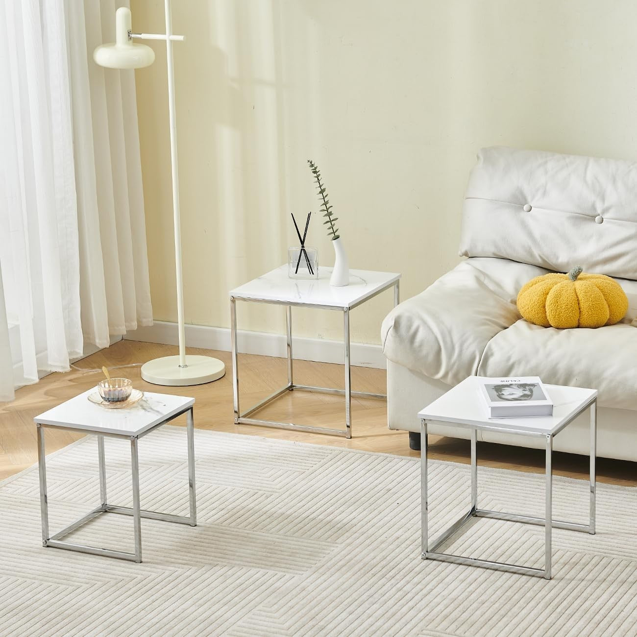 Set of 3 Nesting Coffee Side Tables White Marble End Storage Space Saver