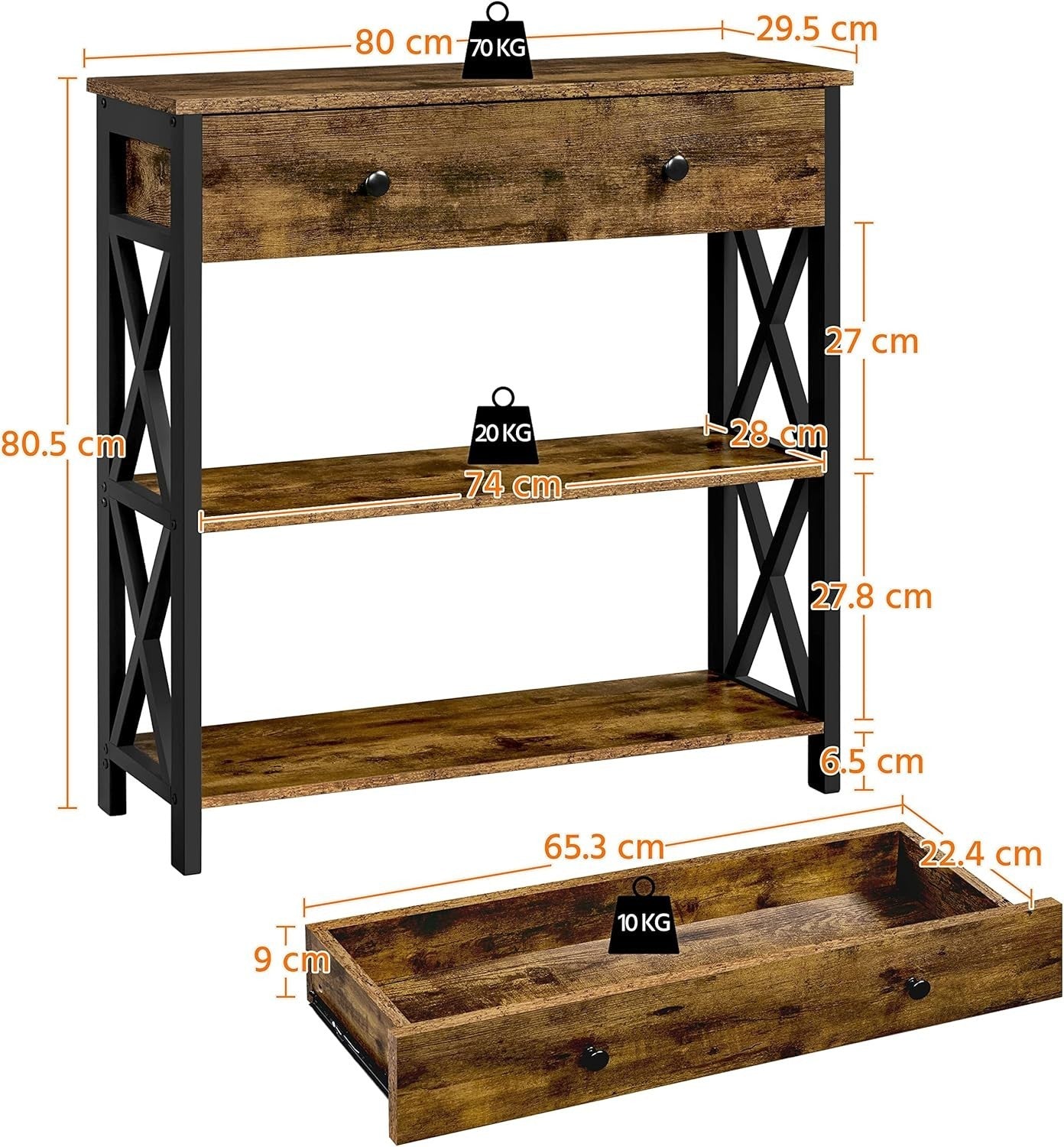 Rustic Industrial Console Table with Drawer & 2 Shelves - Sturdy Metal Frame