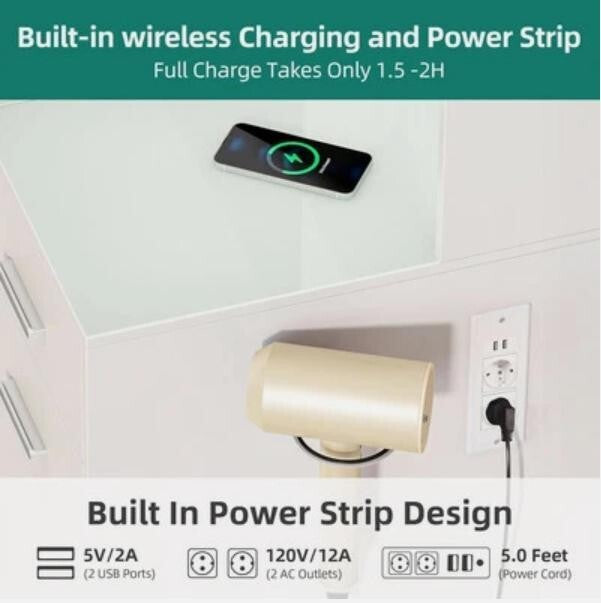 White LED Vanity Desk Set w/ Mirror Stool, USB, Storage & Wireless Charging
