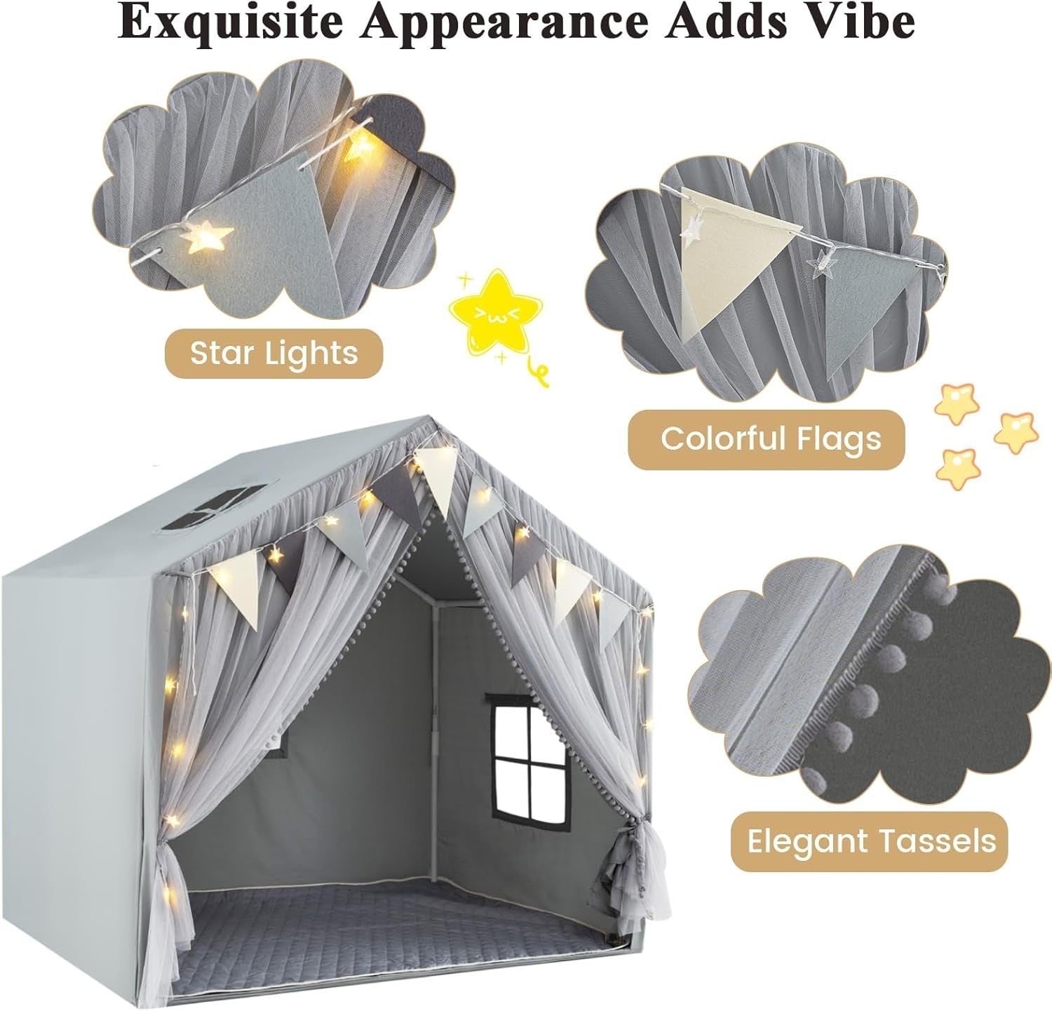 Grey Kids Fairy Play Tent Indoor Playhouse w Lights Mat Curtains