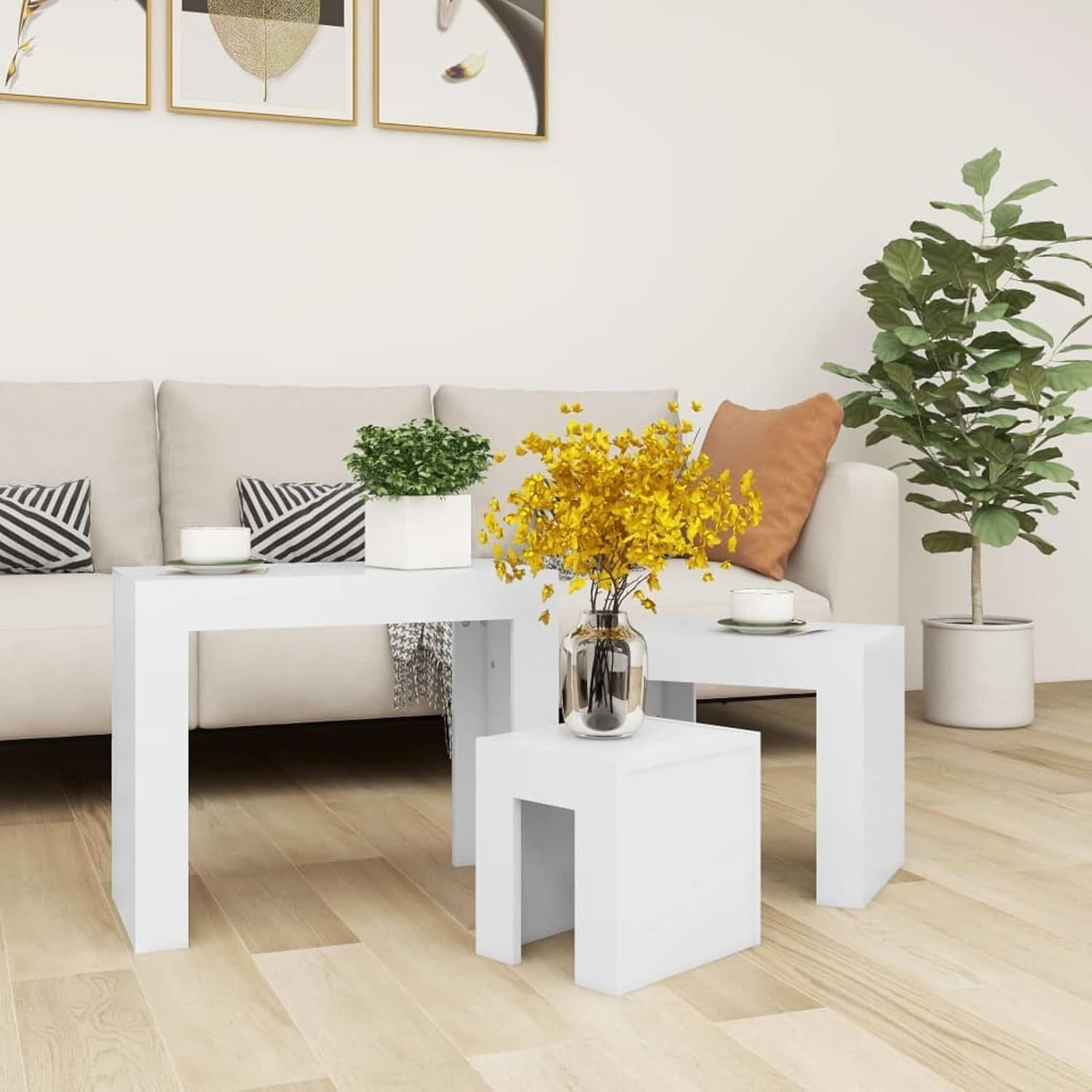 3-Piece Nesting Coffee Table Set, Versatile Side End Nightstand, Modern Engineer
