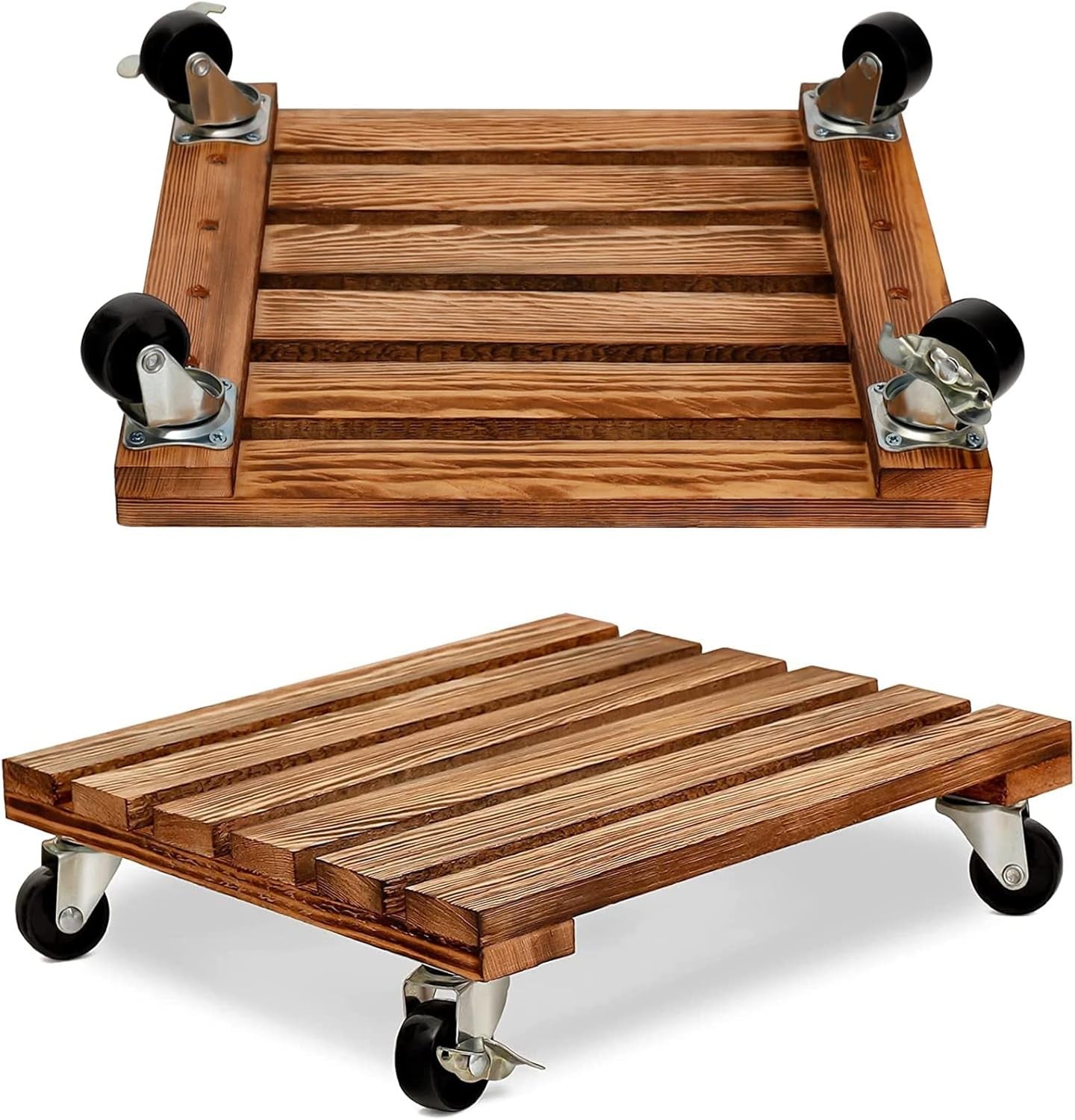 2 Pack Wooden Plant Caddy with Wheels Heavy Duty Rolling Stand 30cm Indoor