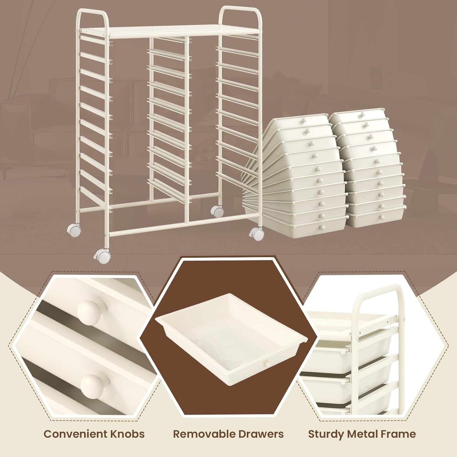 White 20 Drawer Rolling Storage Trolley Utility Cart Office Organizer