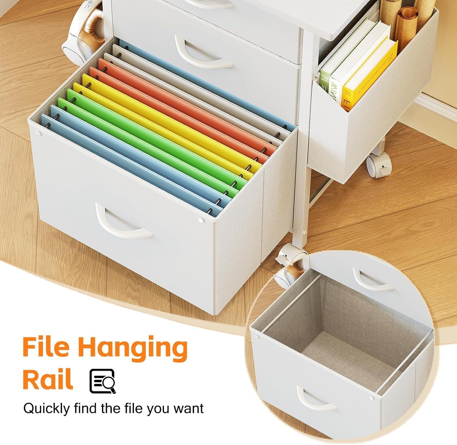 White Mobile File Cabinet 3 Fabric Drawer Rolling Printer Stand