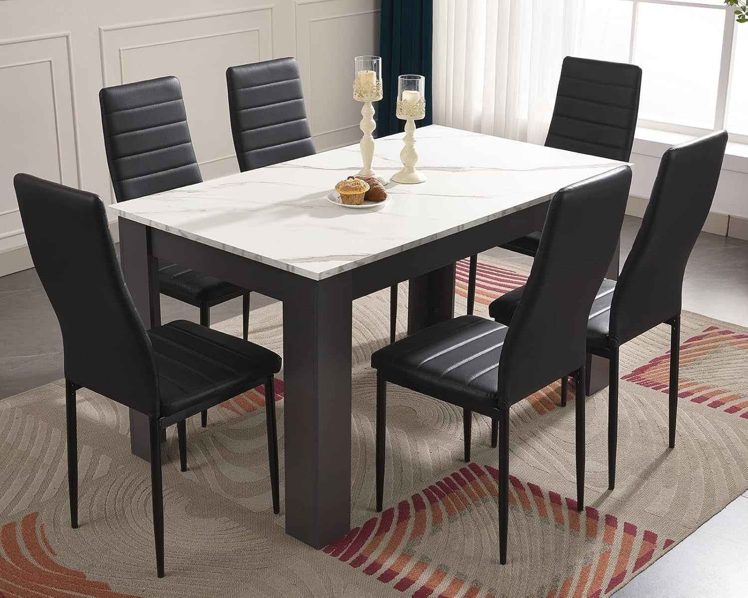 Modern 7-Piece Dining Set Marble Table & Chairs | Space-Saving, Easy Clean