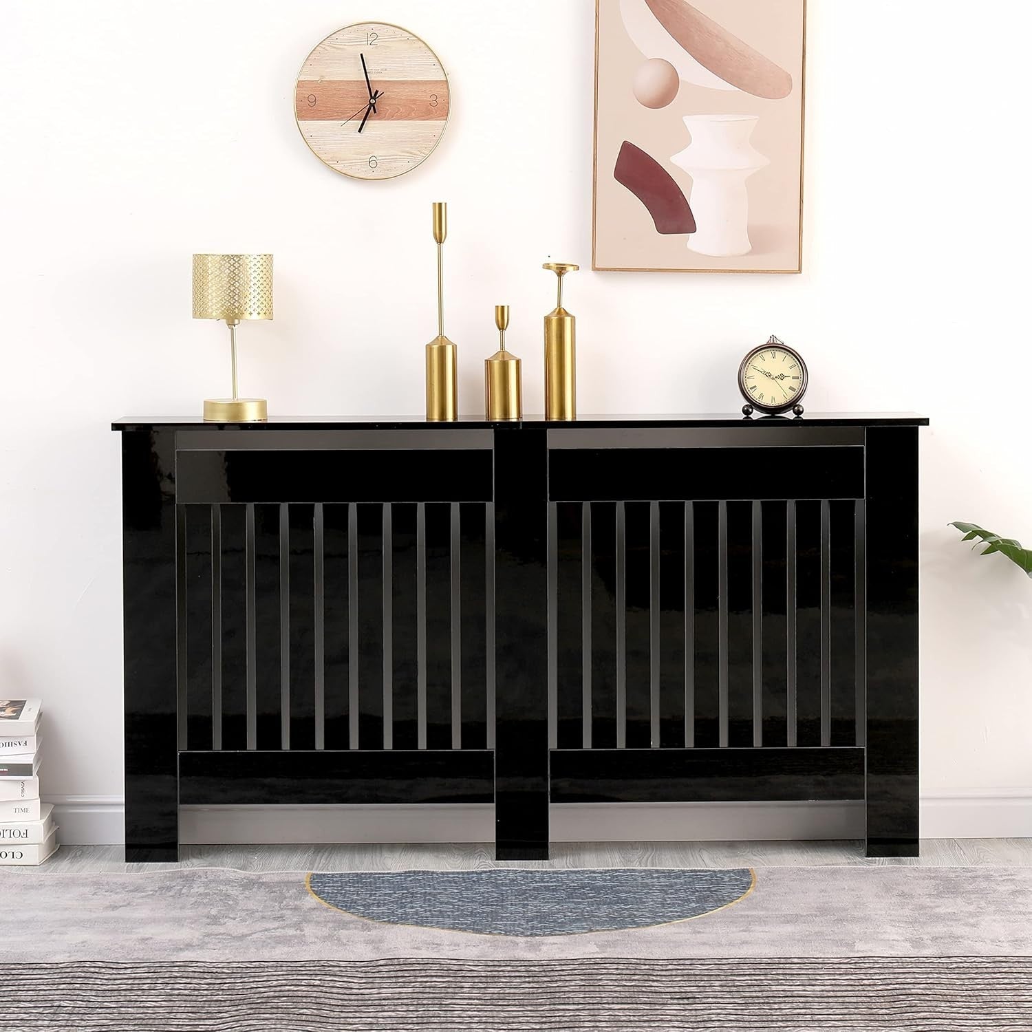 Large High Gloss Black Radiator Cover MDF Slatted Modern Cabinet Heating Unit
