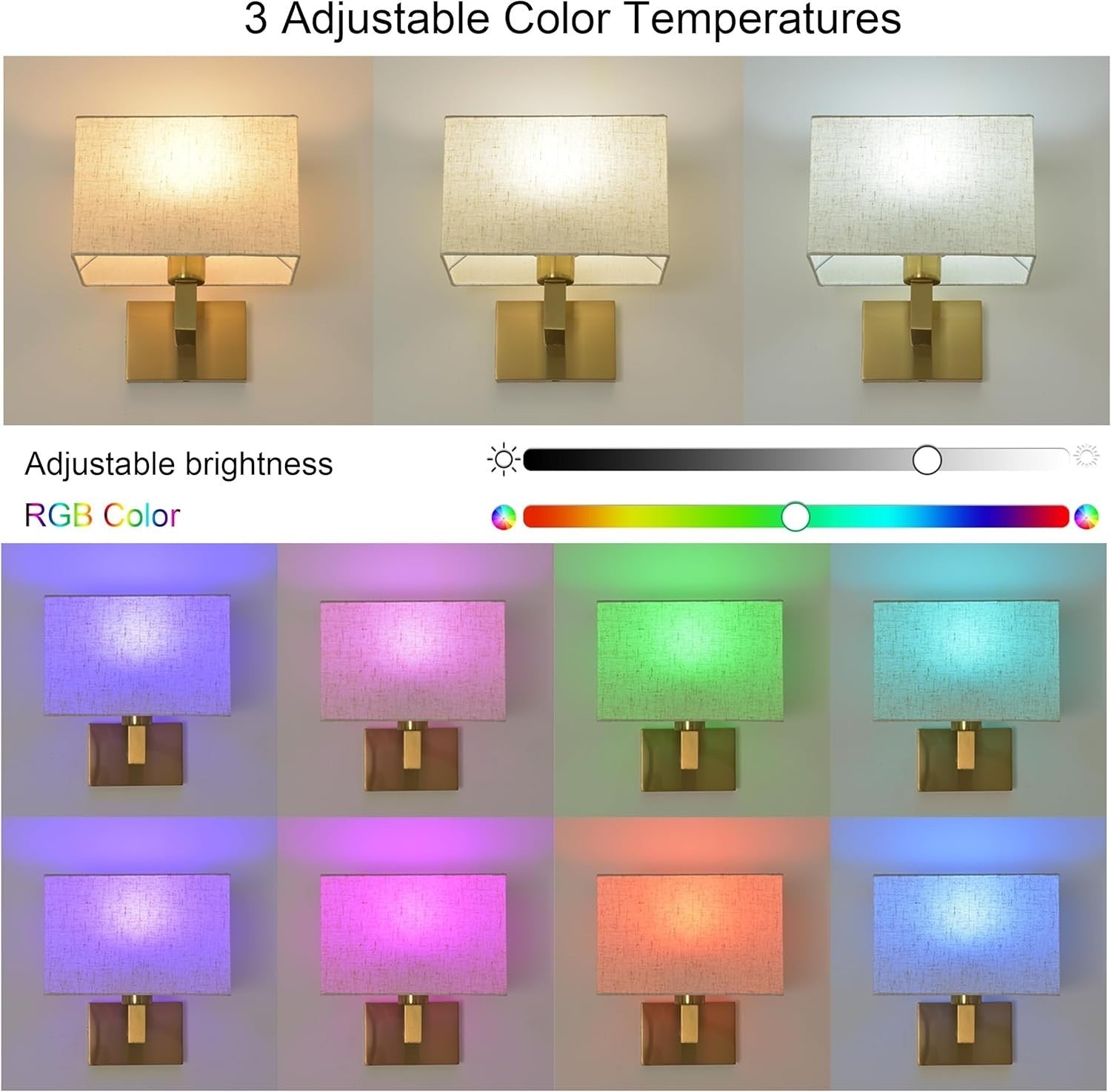 Gold Battery-Powered Wall Sconces with RGB Dimmable Light & Remote Control